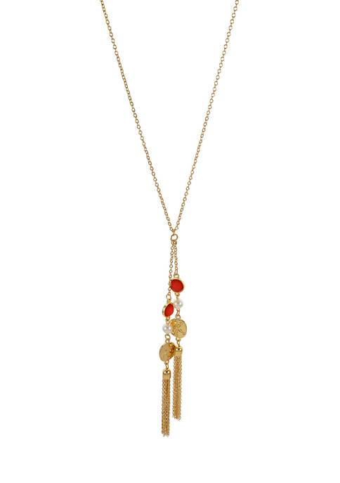 Gold Tone 32 Inch + 3 Inch 1 Row Long Chain Necklace with Double Tassel with Coral Cabochon, Pearl, and Sand Dollar Accents 