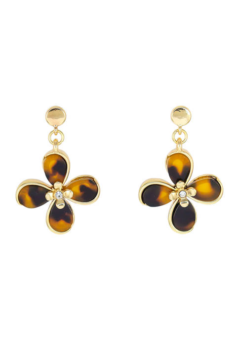 Gold Tone Tortoise Flower Drop Earrings with Post Top