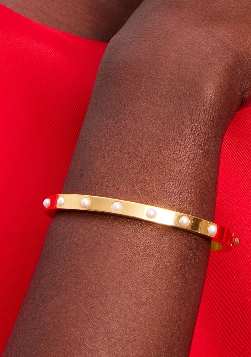 White Beaded Gold Bangle Bracelet