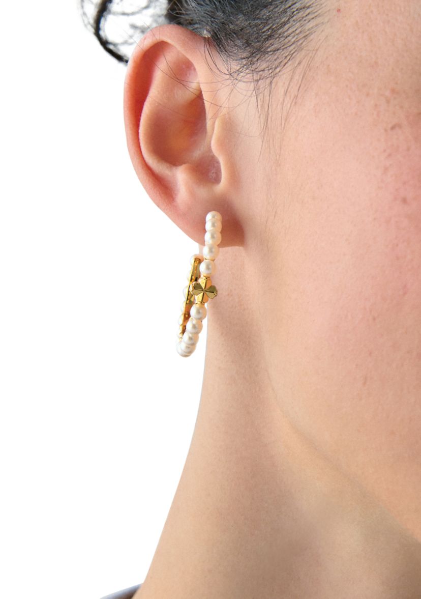 White Beaded Gold Tone Hoop Earrings