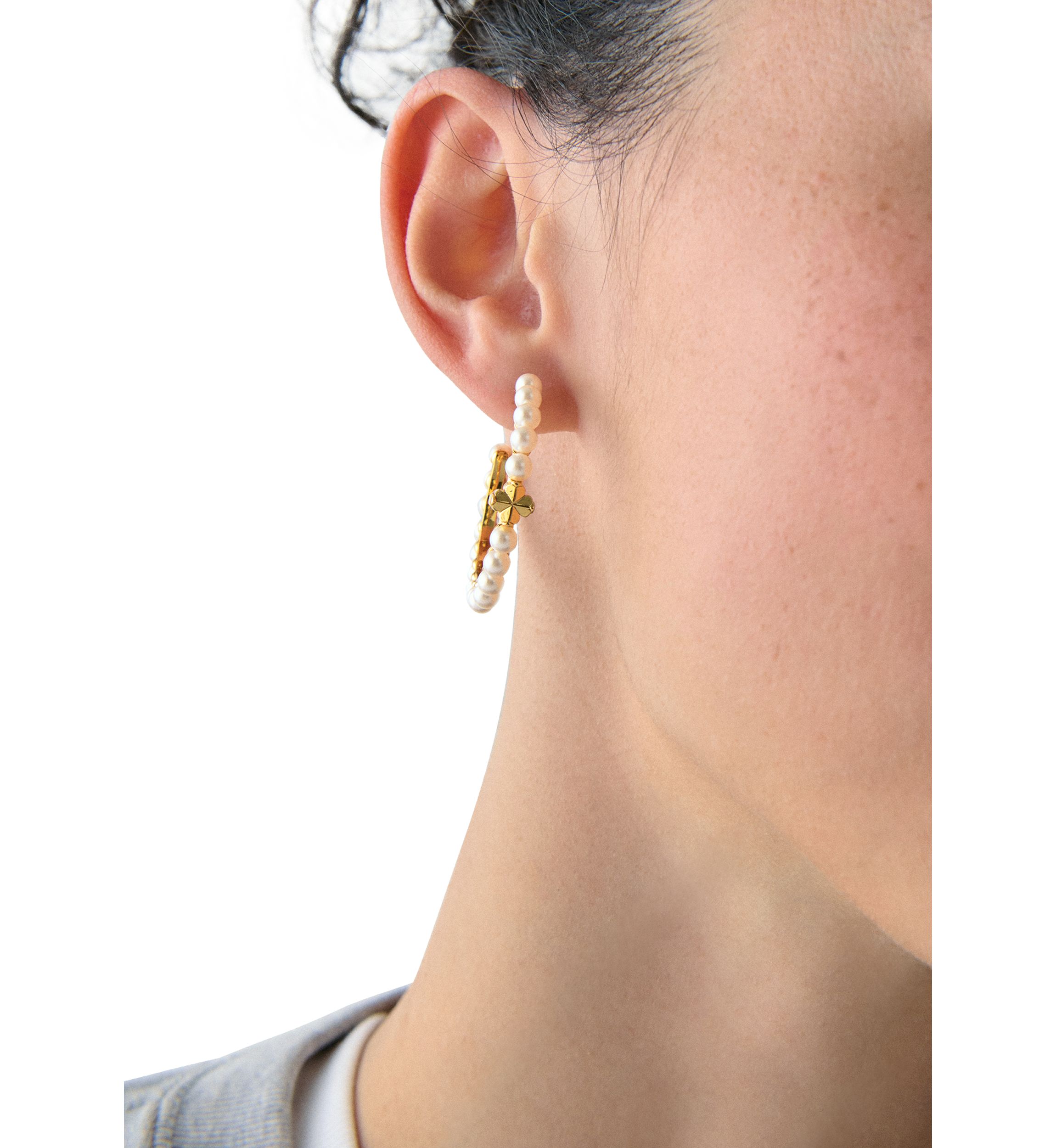 White Beaded Gold Tone Hoop Earrings