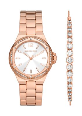 Michael Kors Women's Lennox Three Hand Rose Gold Tone Stainless Steel Watch And Sterling Bracelet Set