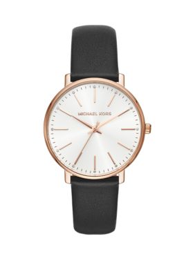 Rose Gold Tone Pyper 3 Hand Black Leather Watch