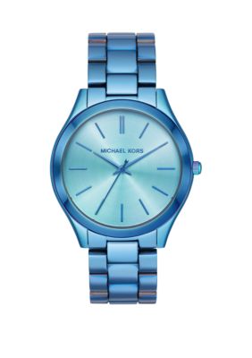 Michael Kors Slim Runway 3 Hand Iridescent Blue Stainless Steel Watch 