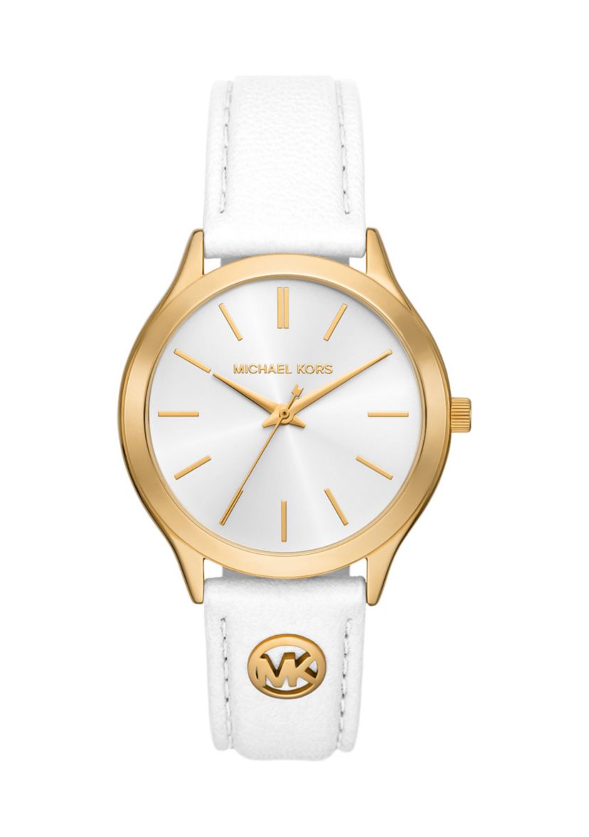 Slim Runway Leather Strap Gold Face Watch