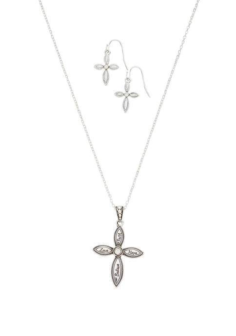 Silver Bali Cross Necklace and Earrings Set 