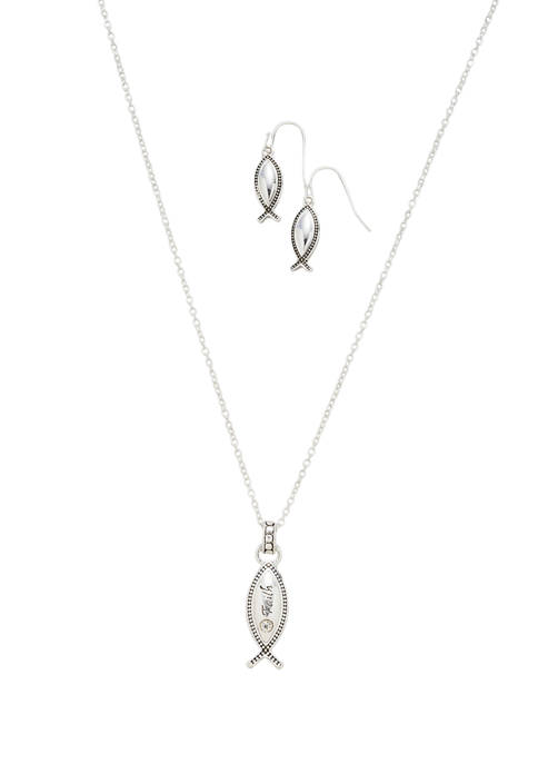 Silver Tone Faith Fish Necklace and Earrings Set