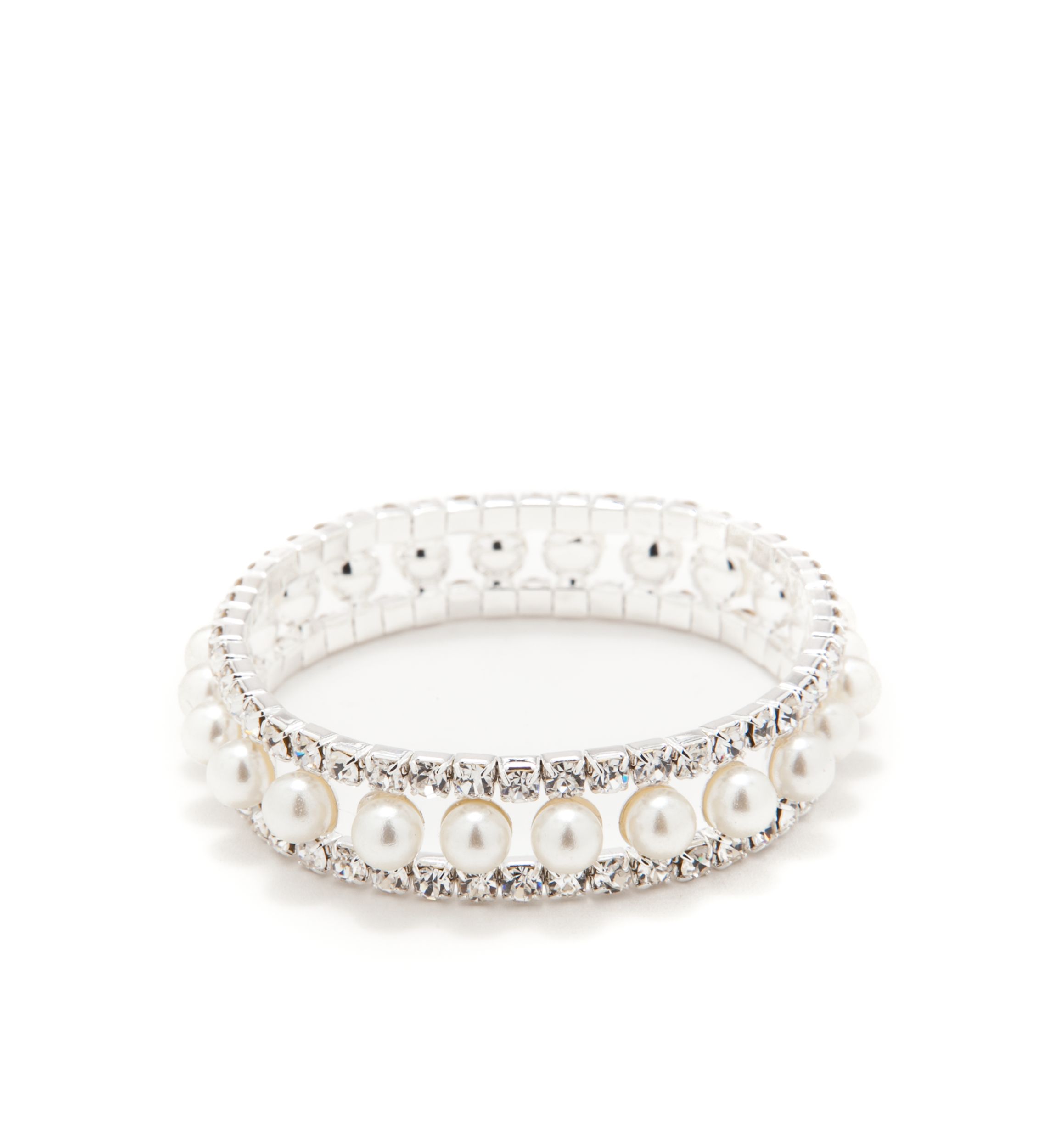 Silver Tone Crystal Pearl 3 Row Stretch Bracelet