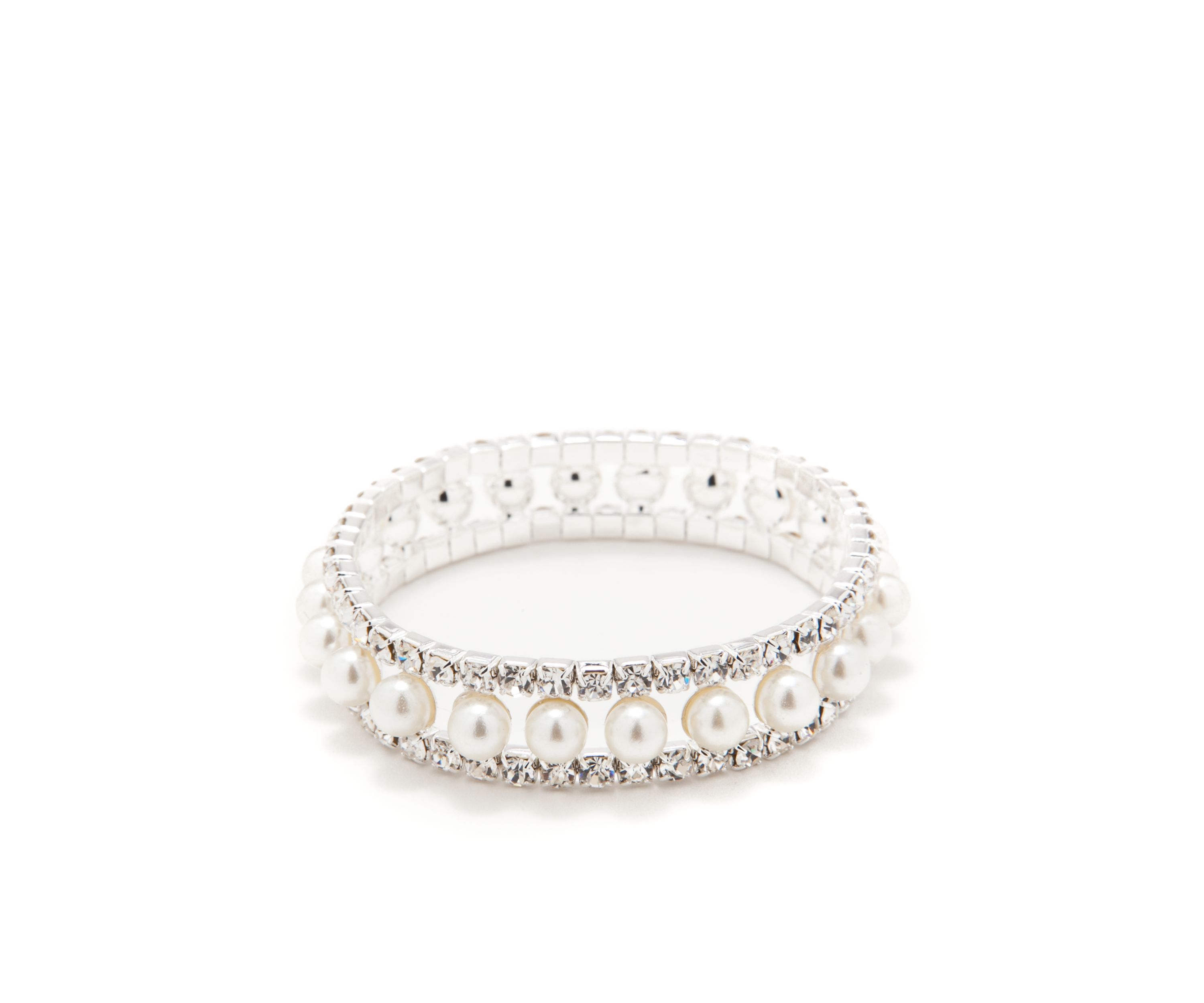 Silver Tone Crystal Pearl 3 Row Stretch Bracelet