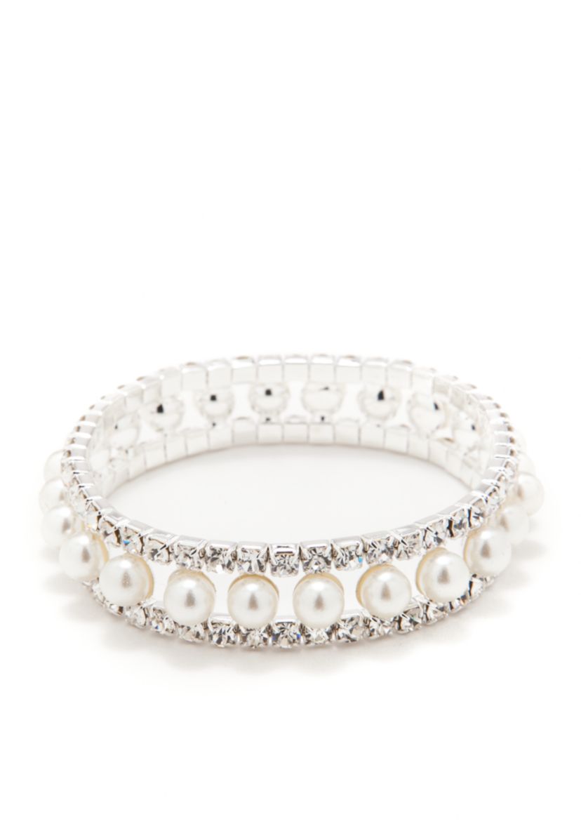Silver Tone Crystal Pearl 3 Row Stretch Bracelet