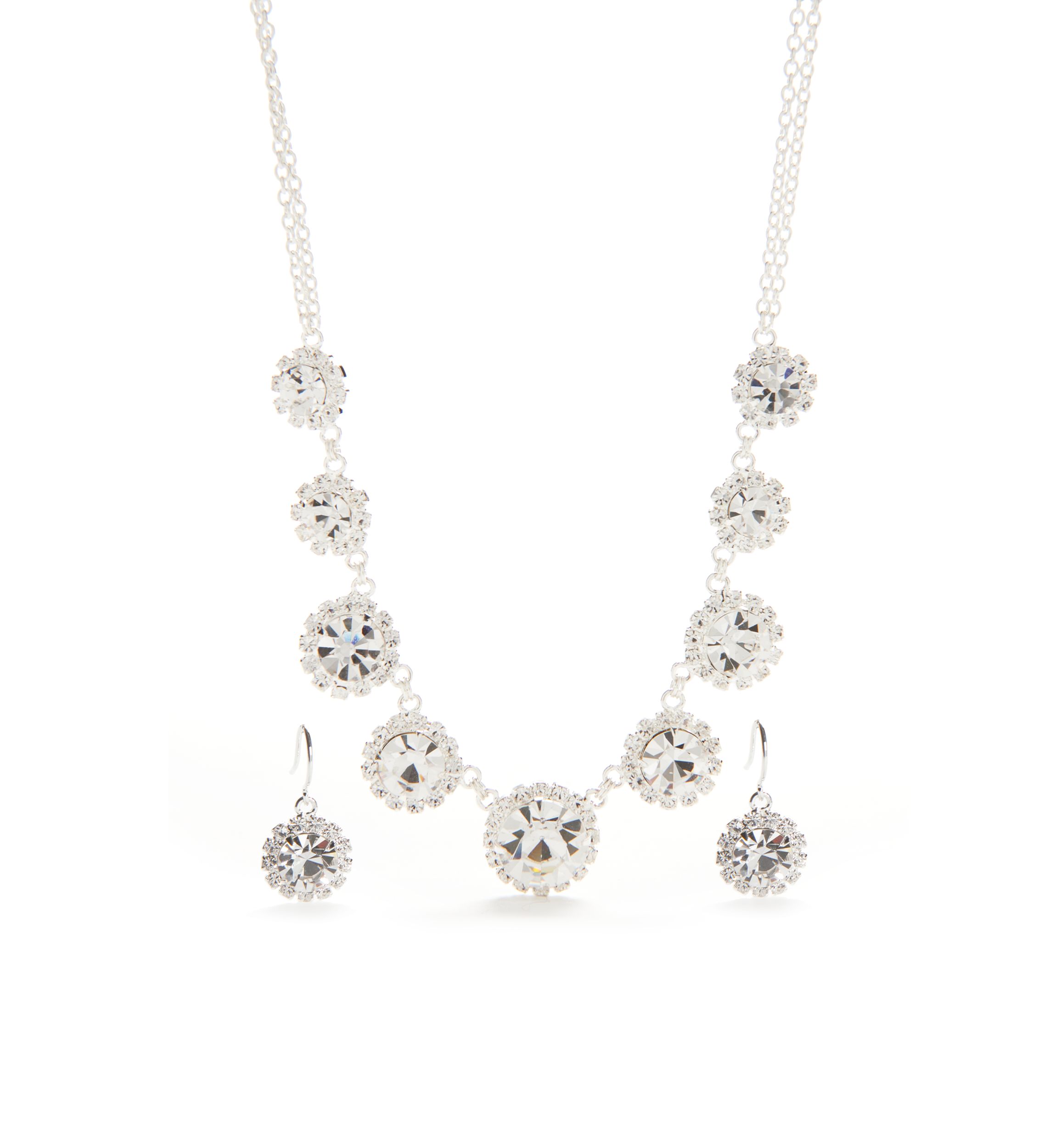 Silver-Tone with Crystal Floral Motif Necklace and Earrings Set
