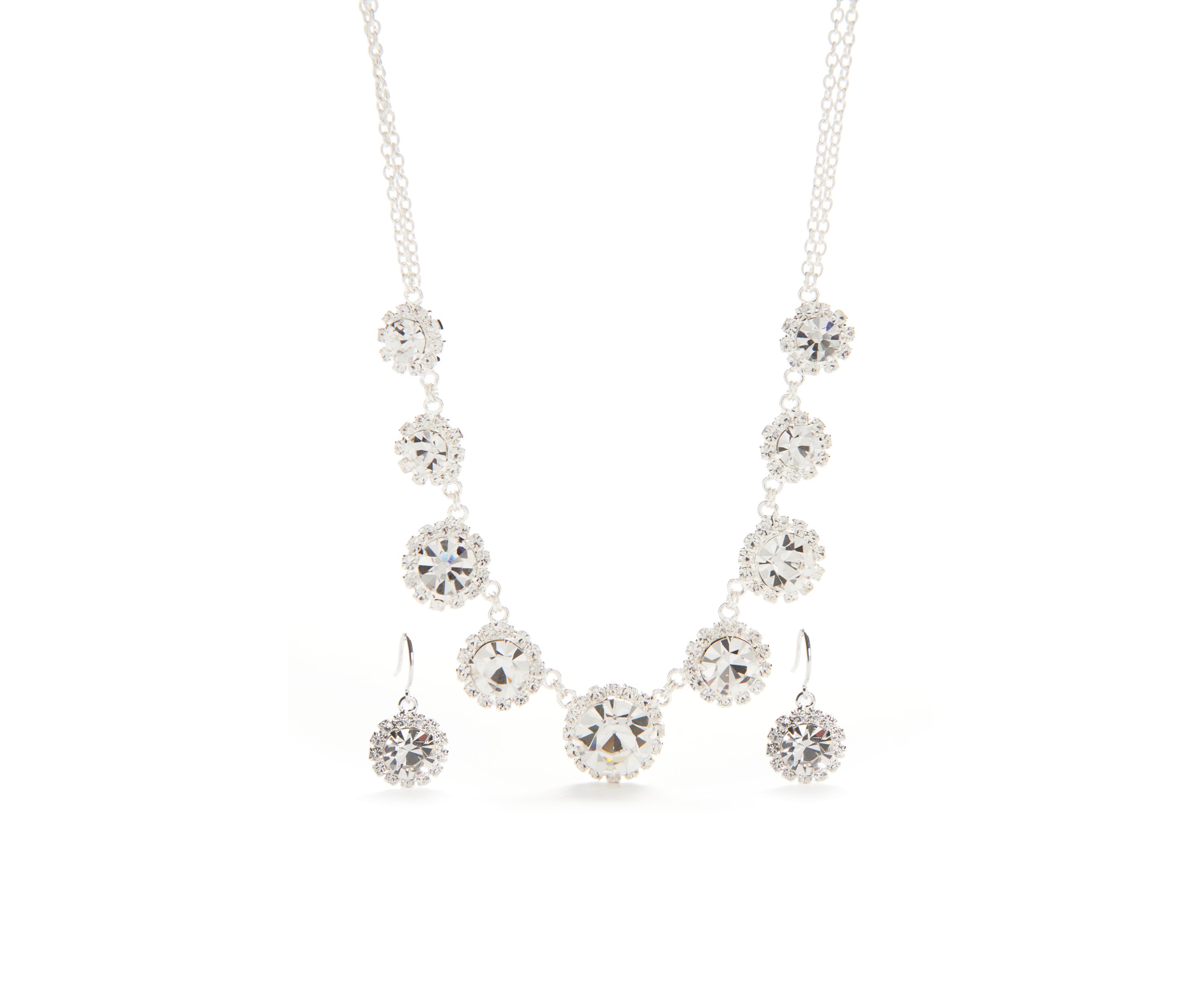 Silver-Tone with Crystal Floral Motif Necklace and Earrings Set