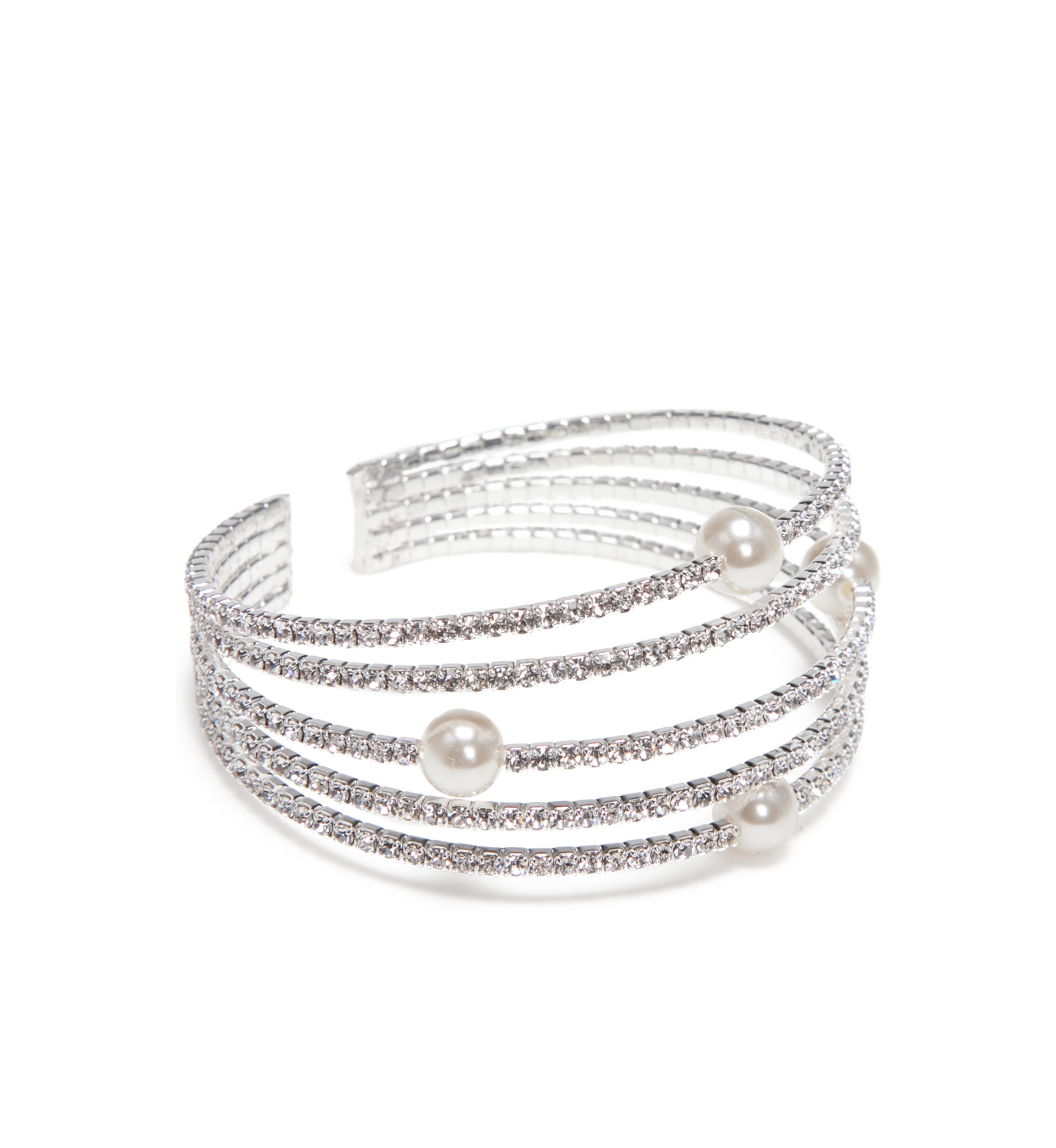 Silver-Tone Rhinestone and Pearl Multi Strand Coil Bracelet