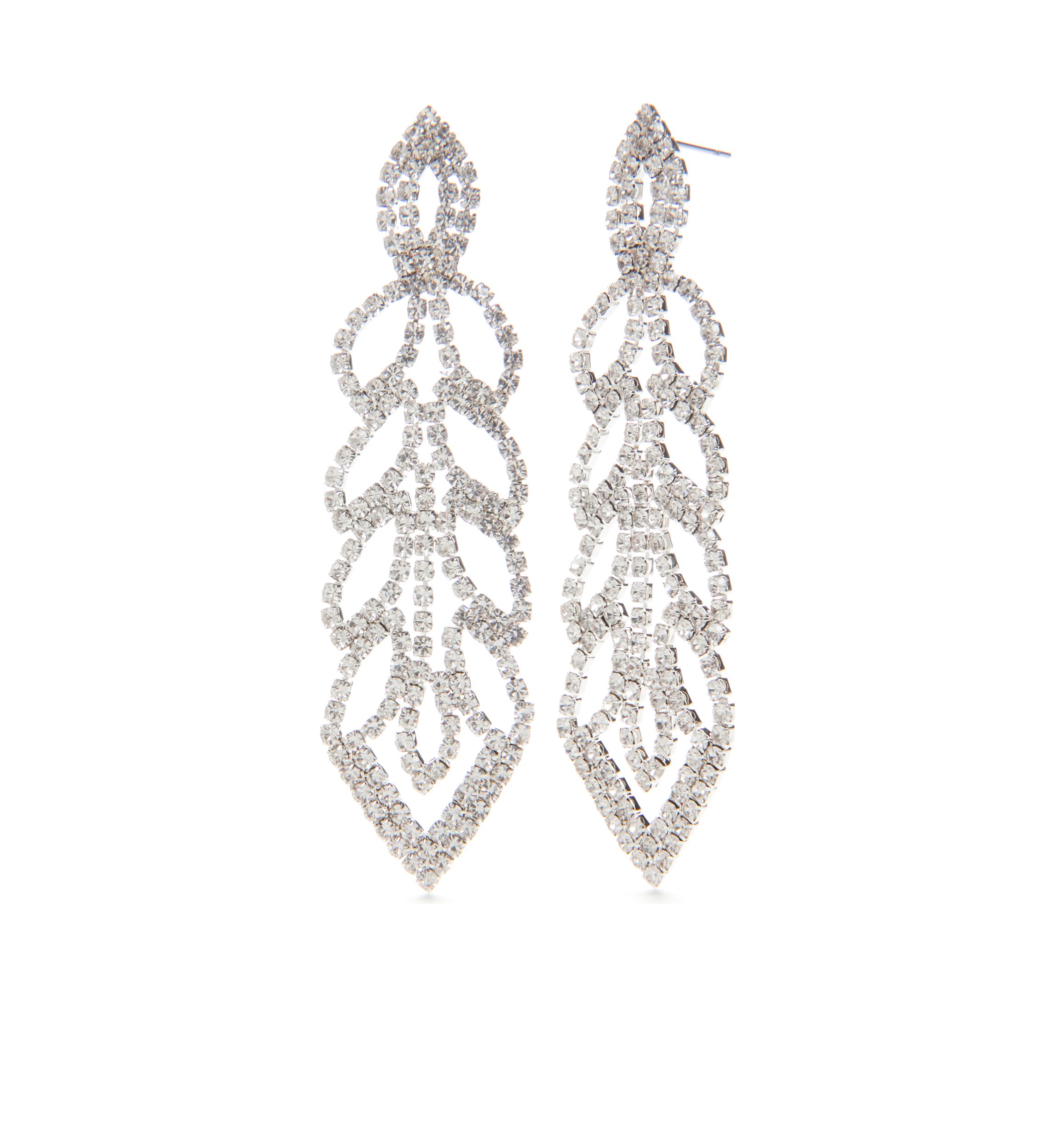 Silver Tone Linear Leaf Rhinestone Statement Earrings