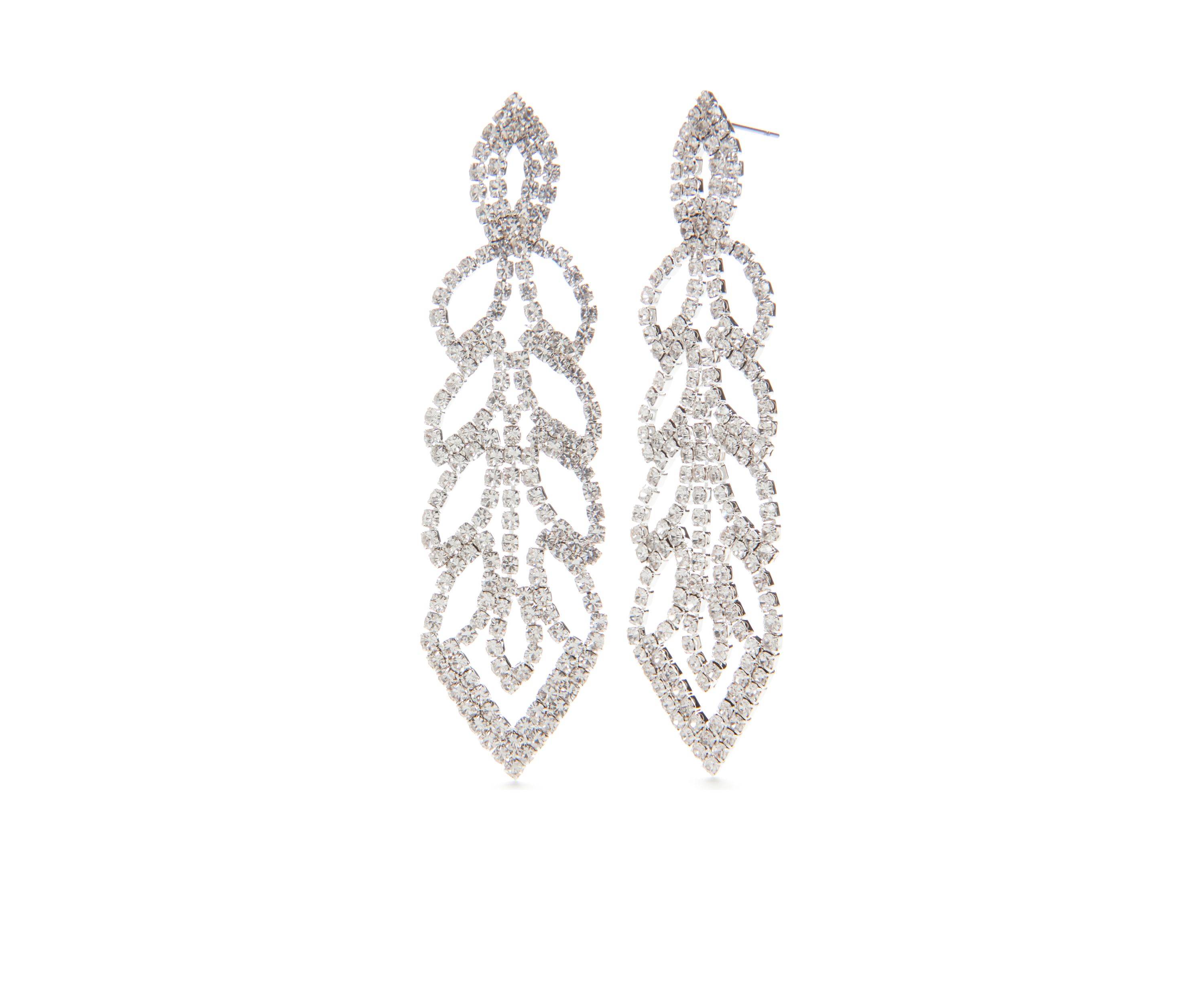 Silver Tone Linear Leaf Rhinestone Statement Earrings