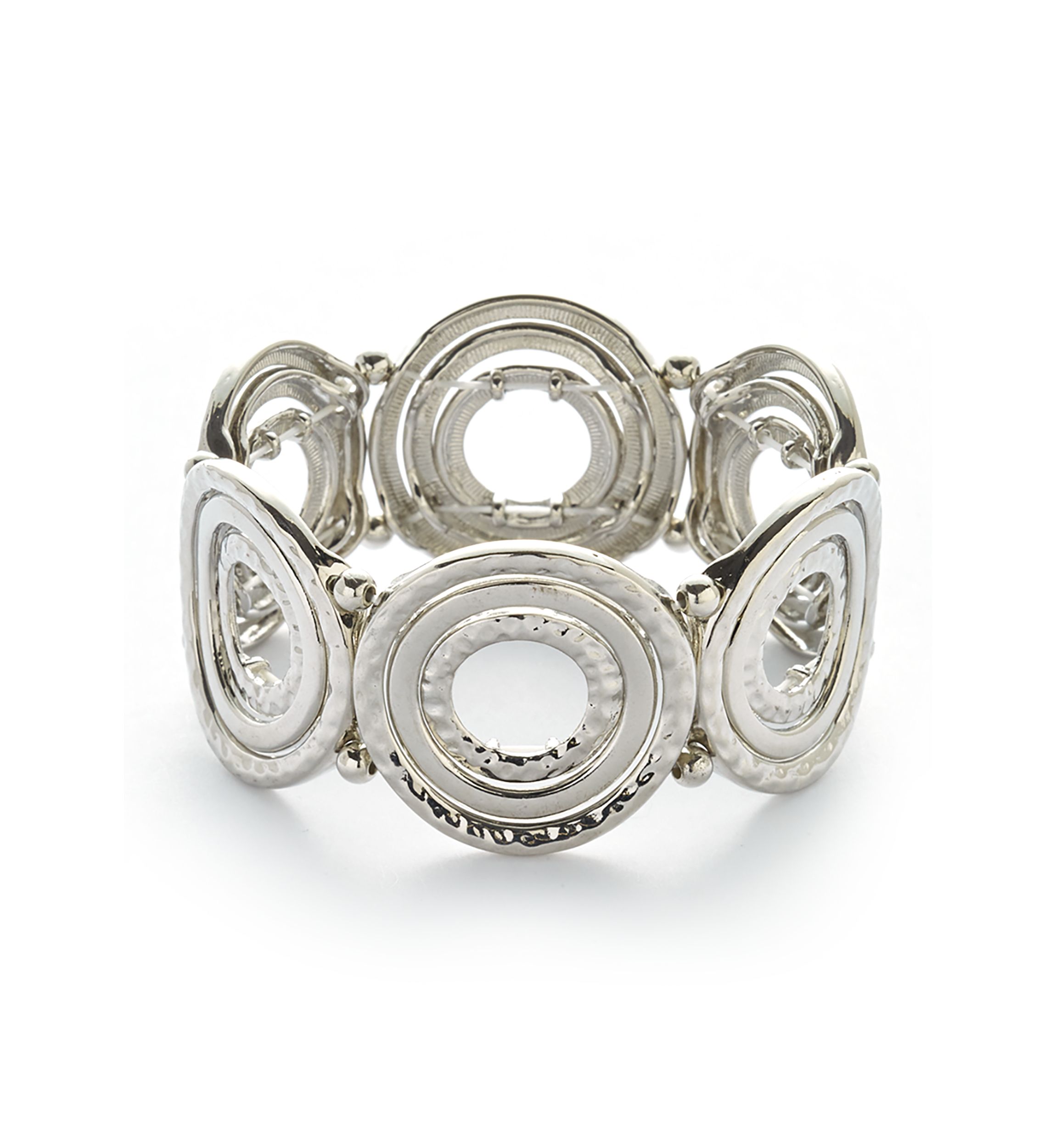 Silver Tone Alternating Textured and Polished Circle Stretch Bracelet