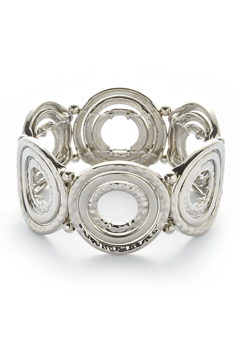Silver Tone Alternating Textured and Polished Circle Stretch Bracelet