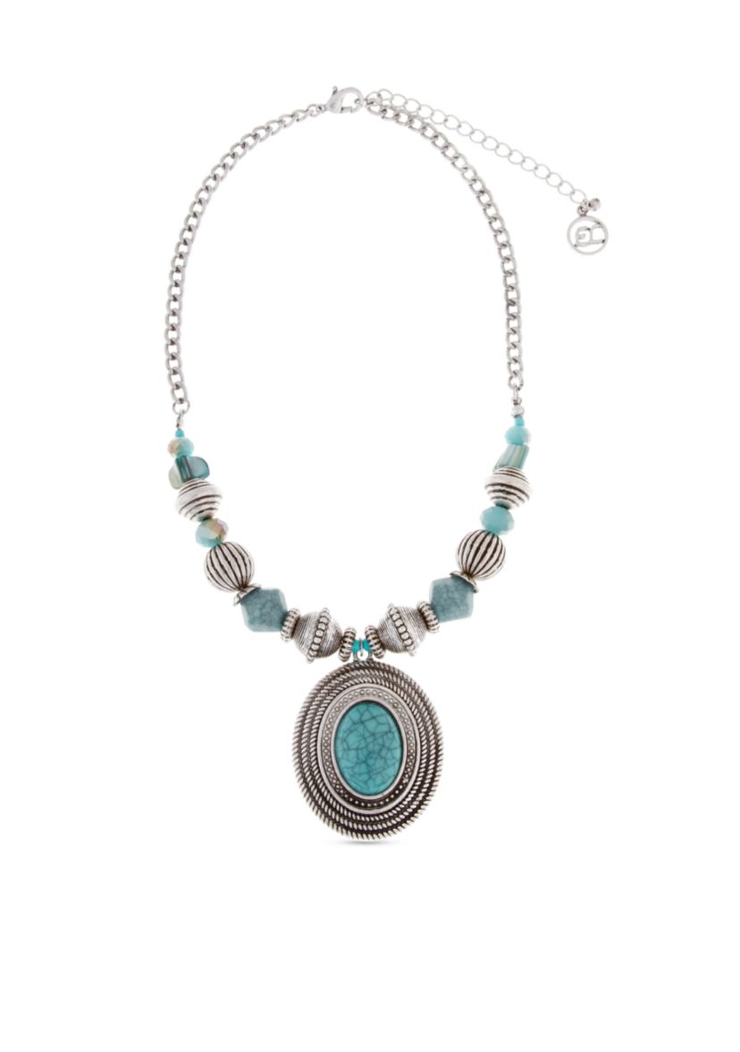 Silver Toned Go West Oval Pendant Necklace