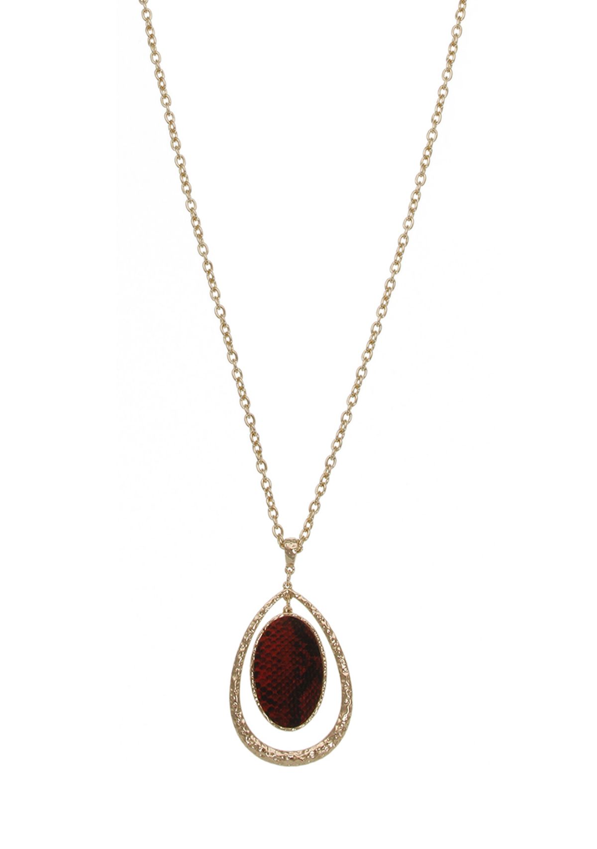 Gold Tone Teardrop Pendant Necklace with Red Faux Leather Accent