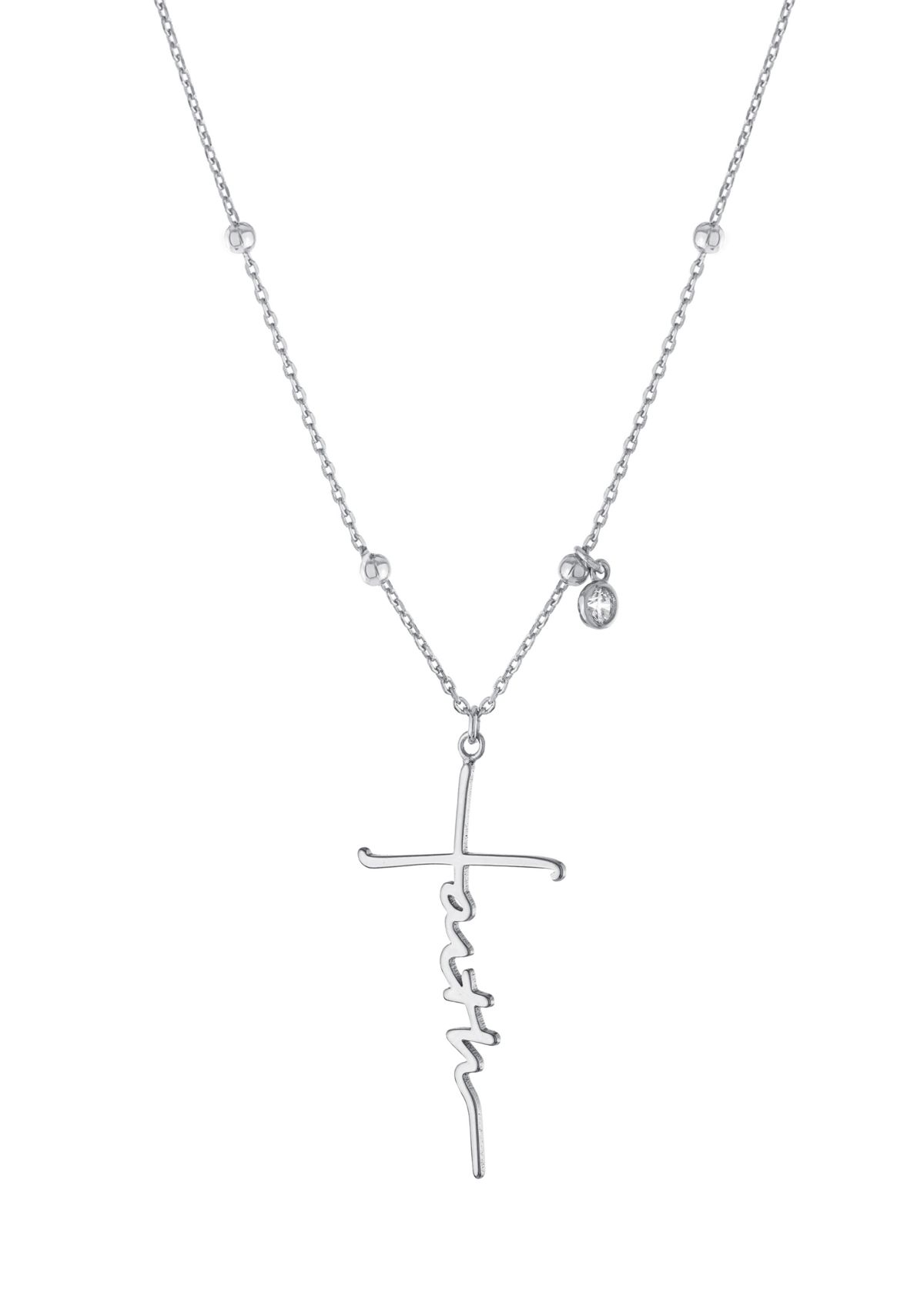 Boxed Silver Plated 16" + 2" Faith Cross and Cubic Zirconia Charm Pendant Necklace