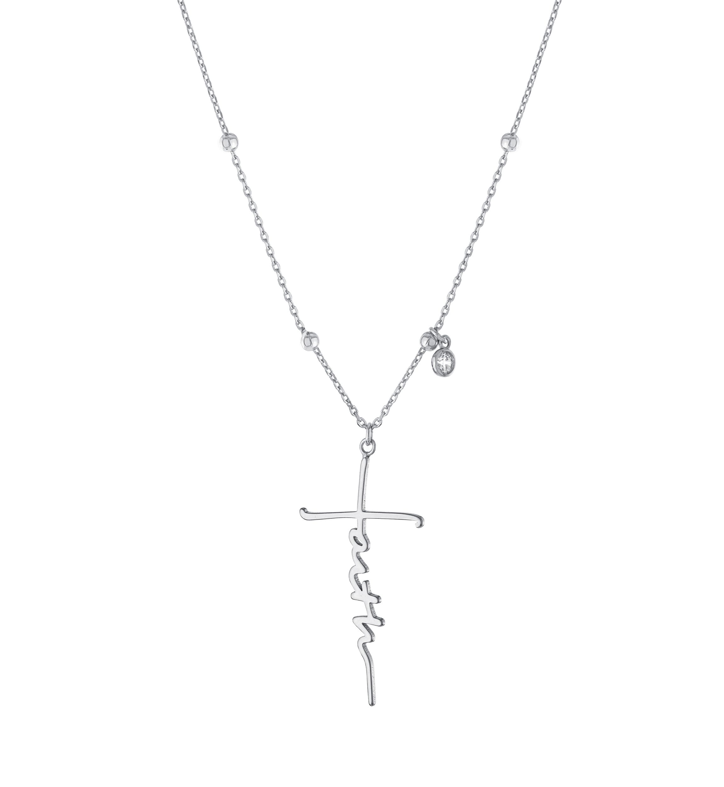 Boxed Silver Plated 16" + 2" Faith Cross and Cubic Zirconia Charm Pendant Necklace