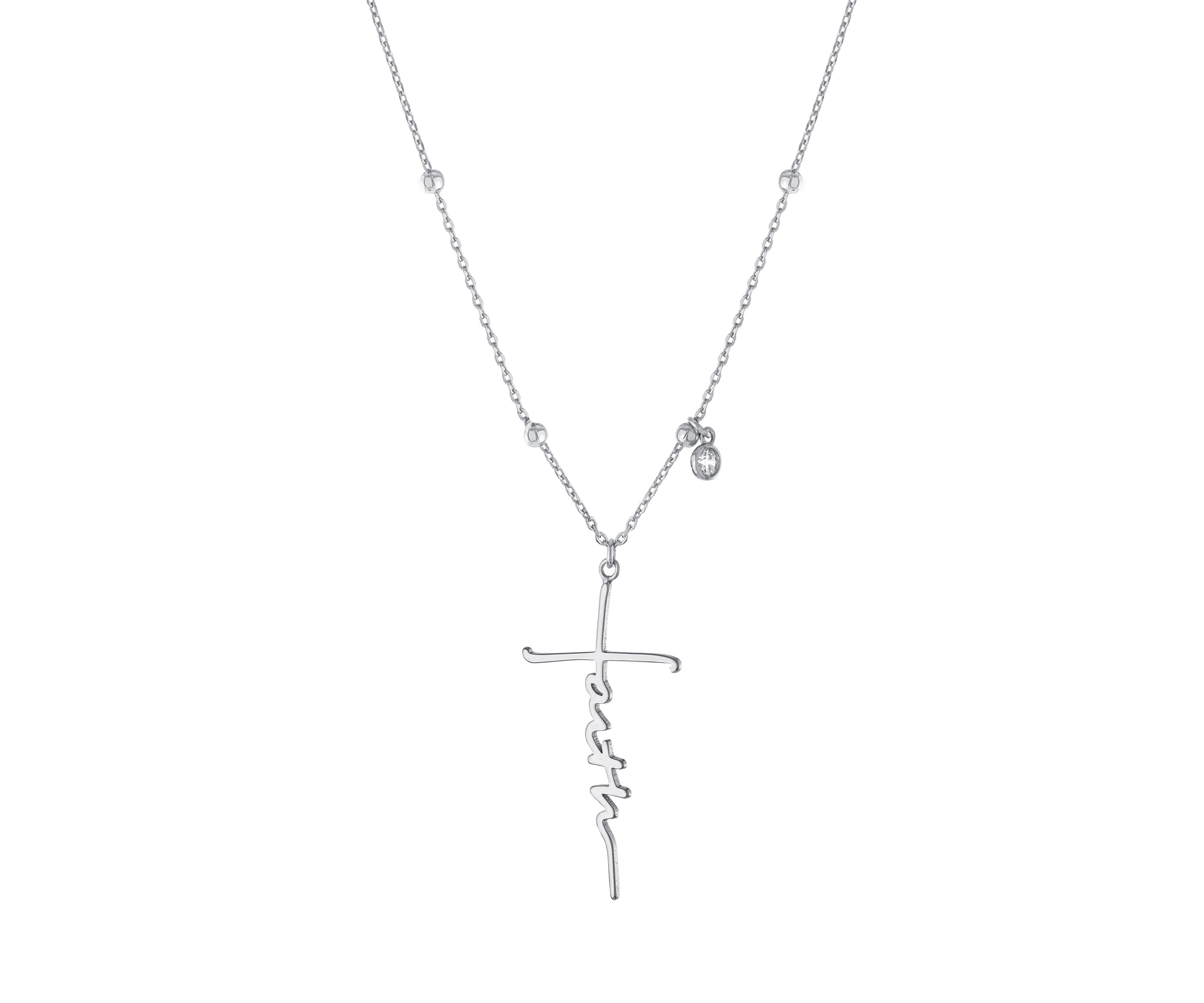 Boxed Silver Plated 16" + 2" Faith Cross and Cubic Zirconia Charm Pendant Necklace
