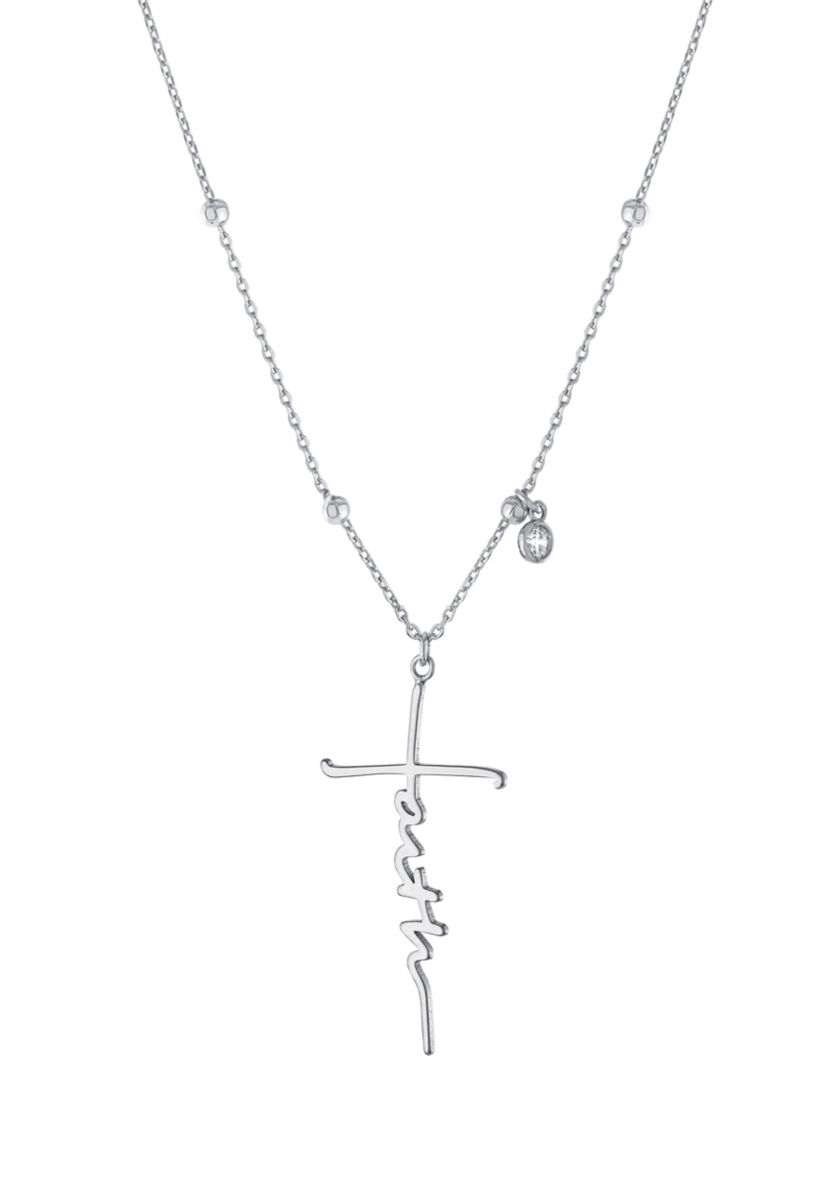 Boxed Silver Plated 16" + 2" Faith Cross and Cubic Zirconia Charm Pendant Necklace