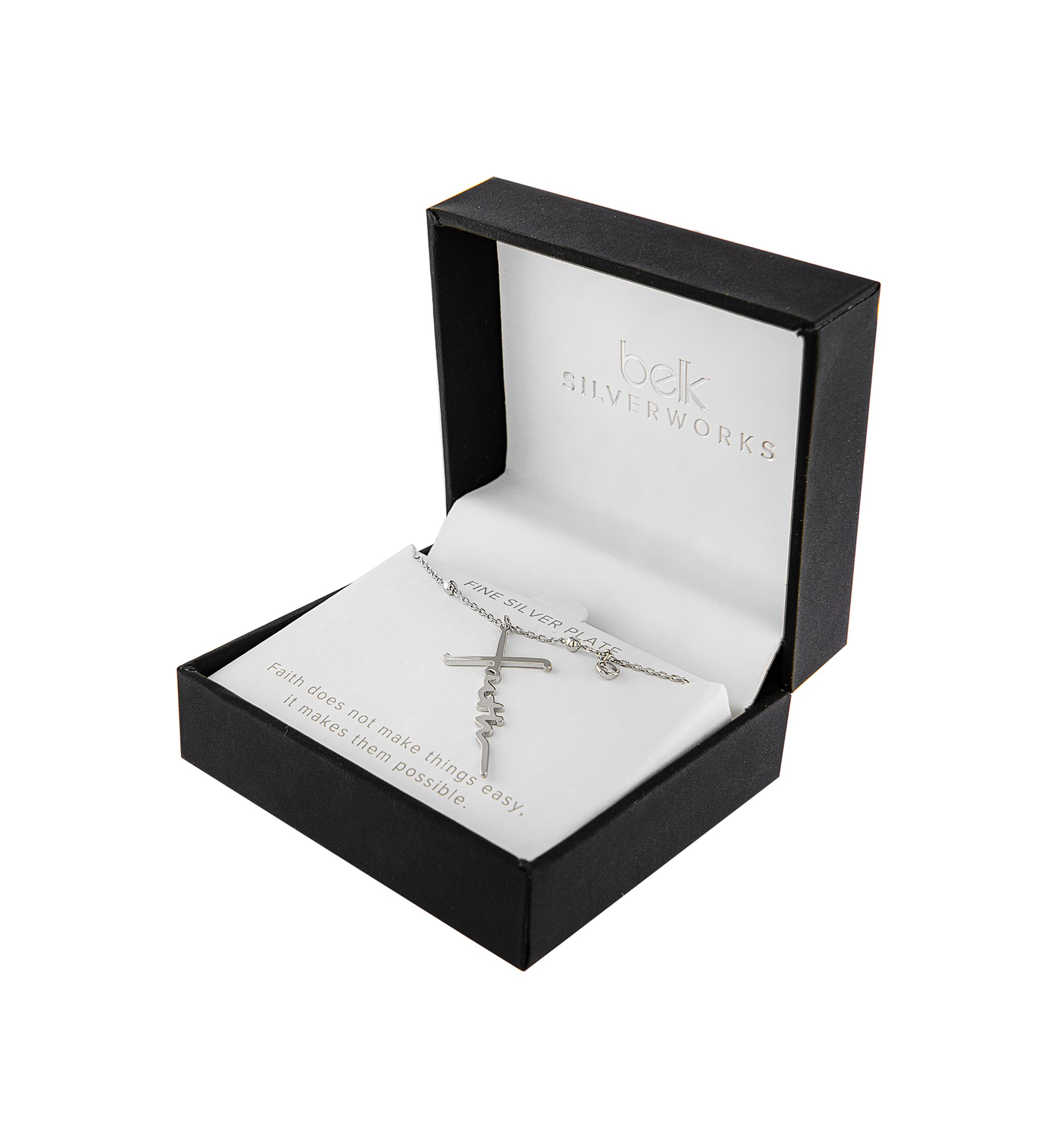 Boxed Silver Plated 16" + 2" Faith Cross and Cubic Zirconia Charm Pendant Necklace
