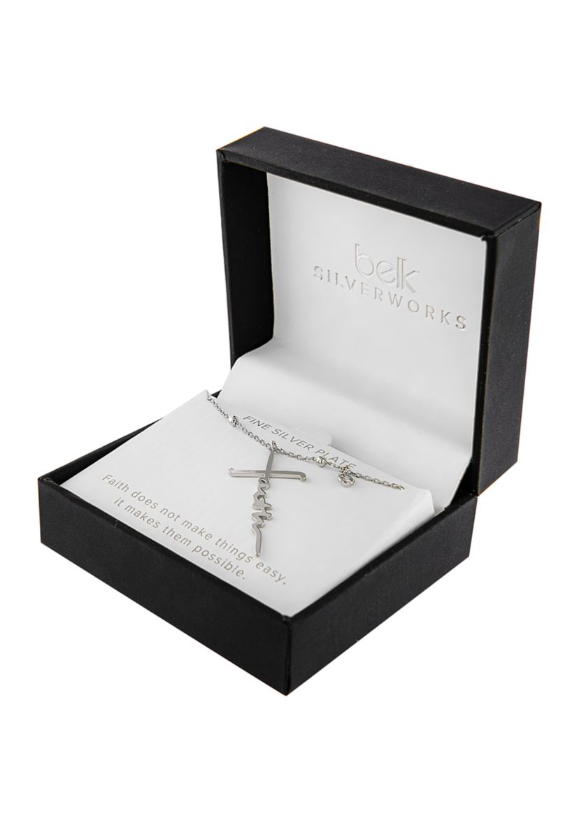 Boxed Silver Plated 16" + 2" Faith Cross and Cubic Zirconia Charm Pendant Necklace