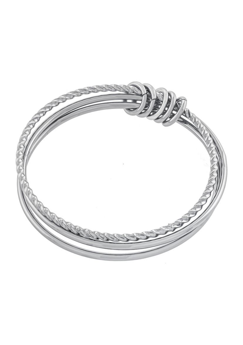 8" Silver Plated High Polished and Twist Triple Bangle Bracelet