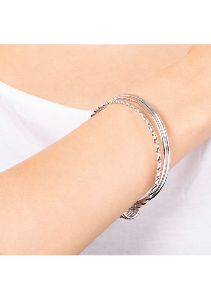 8" Silver Plated High Polished and Twist Triple Bangle Bracelet