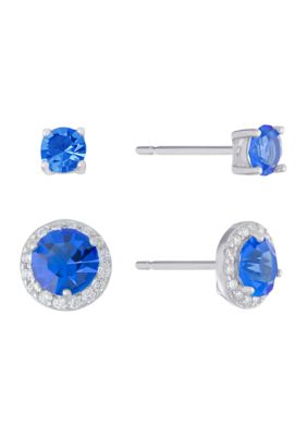 Belk Sterling Silver Sterling Silver Cubic Zirconia Halo Stud Earring Set, Blue