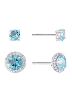 Belk Sterling Silver Rose Gold Over Sterling Silver Rose Opal Fine Cubic Zirconia Halo Stud Earrings, Light Blue