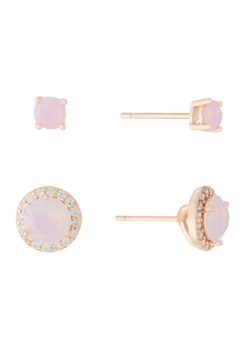 Rose Gold Over Sterling Silver Rose Opal Fine Cubic Zirconia Halo Stud Earrings