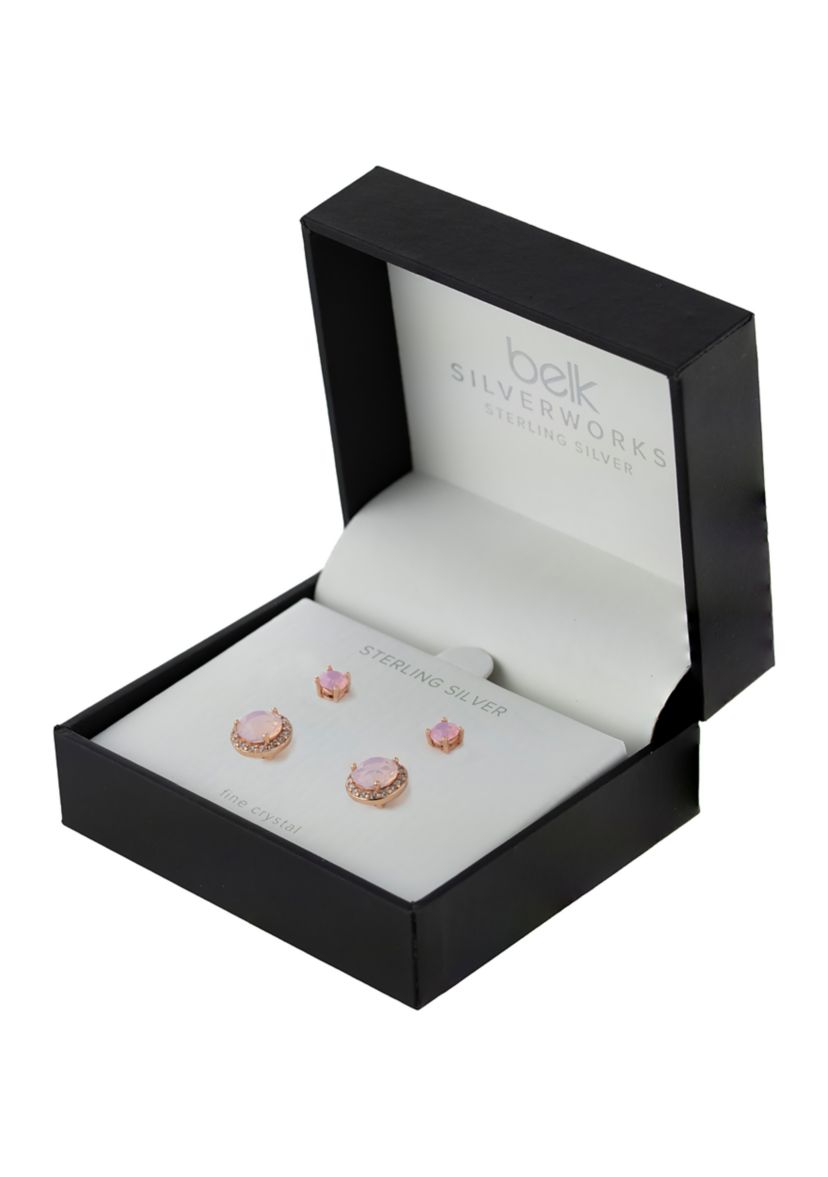 Rose Gold Over Sterling Silver Rose Opal Fine Cubic Zirconia Halo Stud Earrings