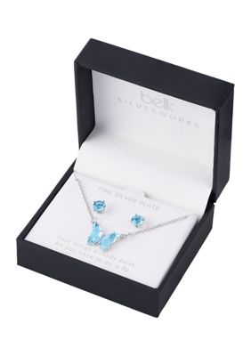 Boxed Gold Over Fine Silver Plated Crystal and Cubic Zirconia Butterfly Necklace Stud Earrings Set