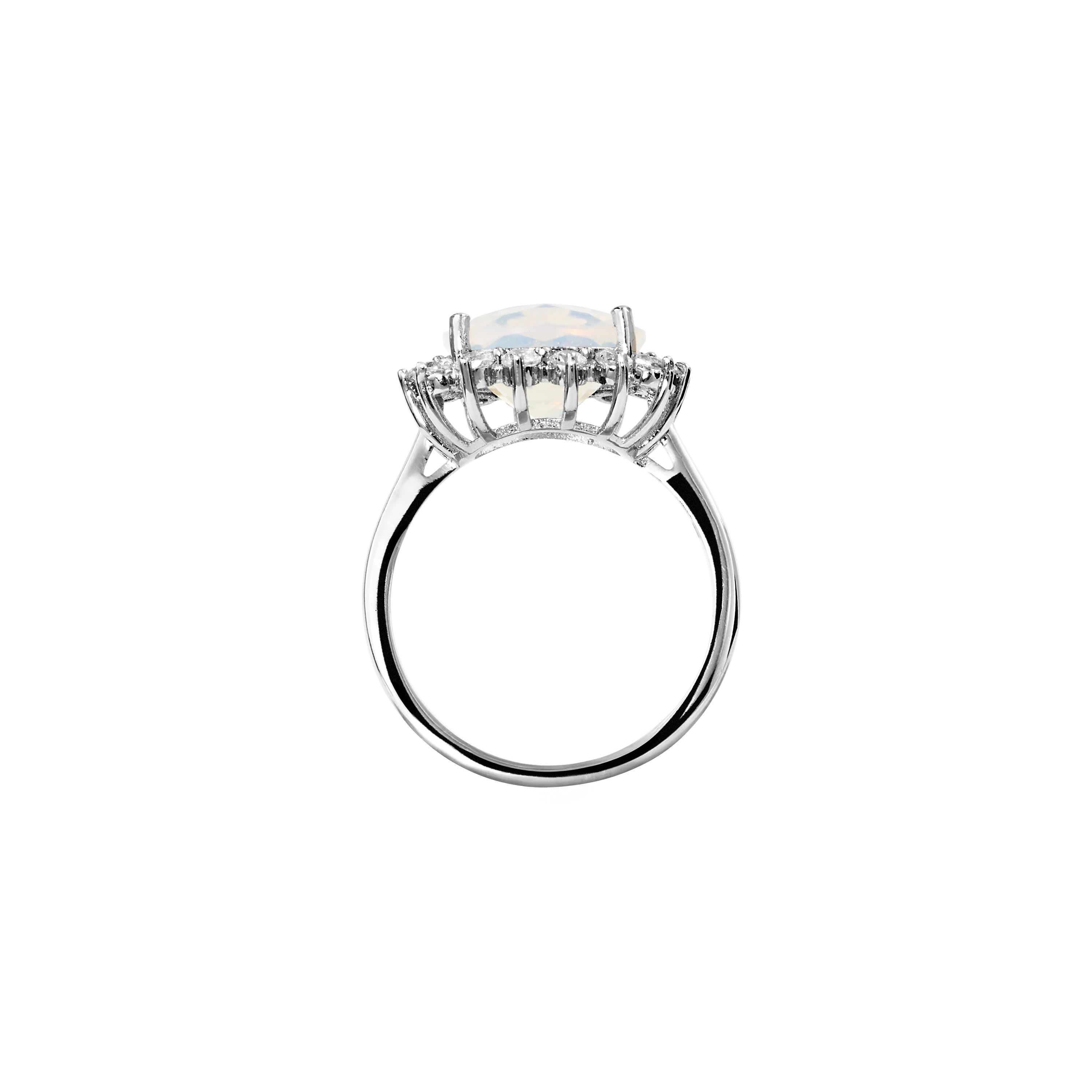 Silver Plated Moonstone Glass and Cubic Zirconia Sunburst Ring
