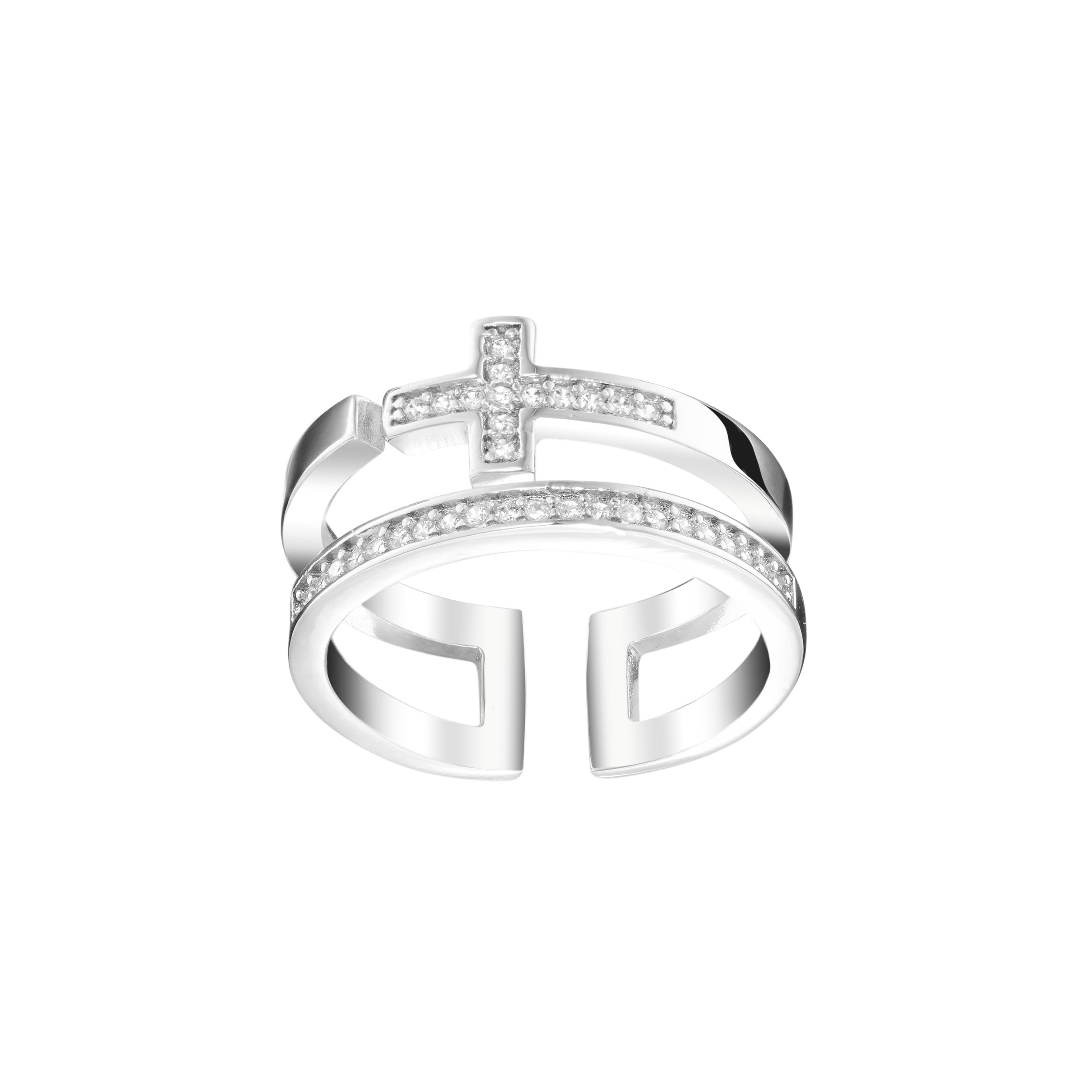 Silver Plated Cubic Zirconia Cross Double Row Ring