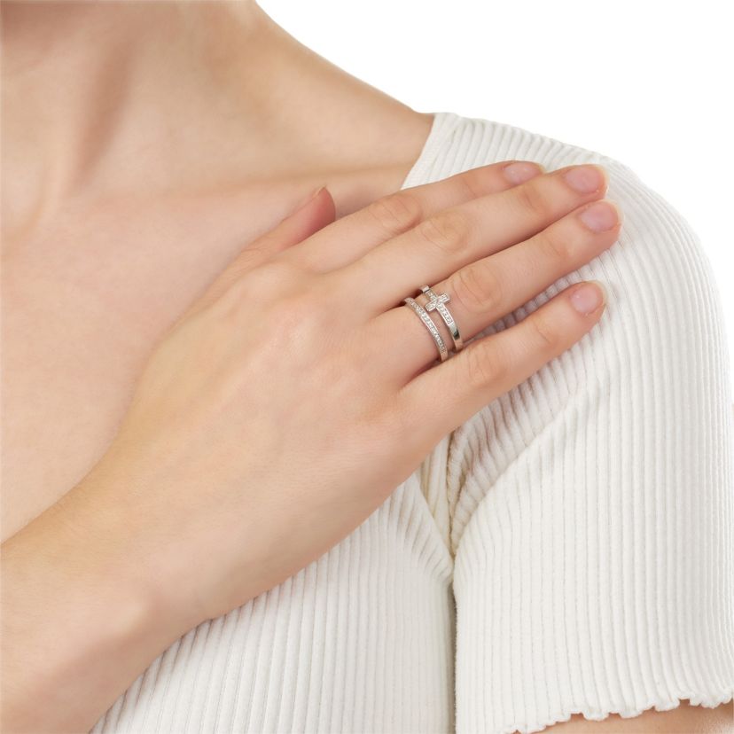 Silver Plated Cubic Zirconia Cross Double Row Ring