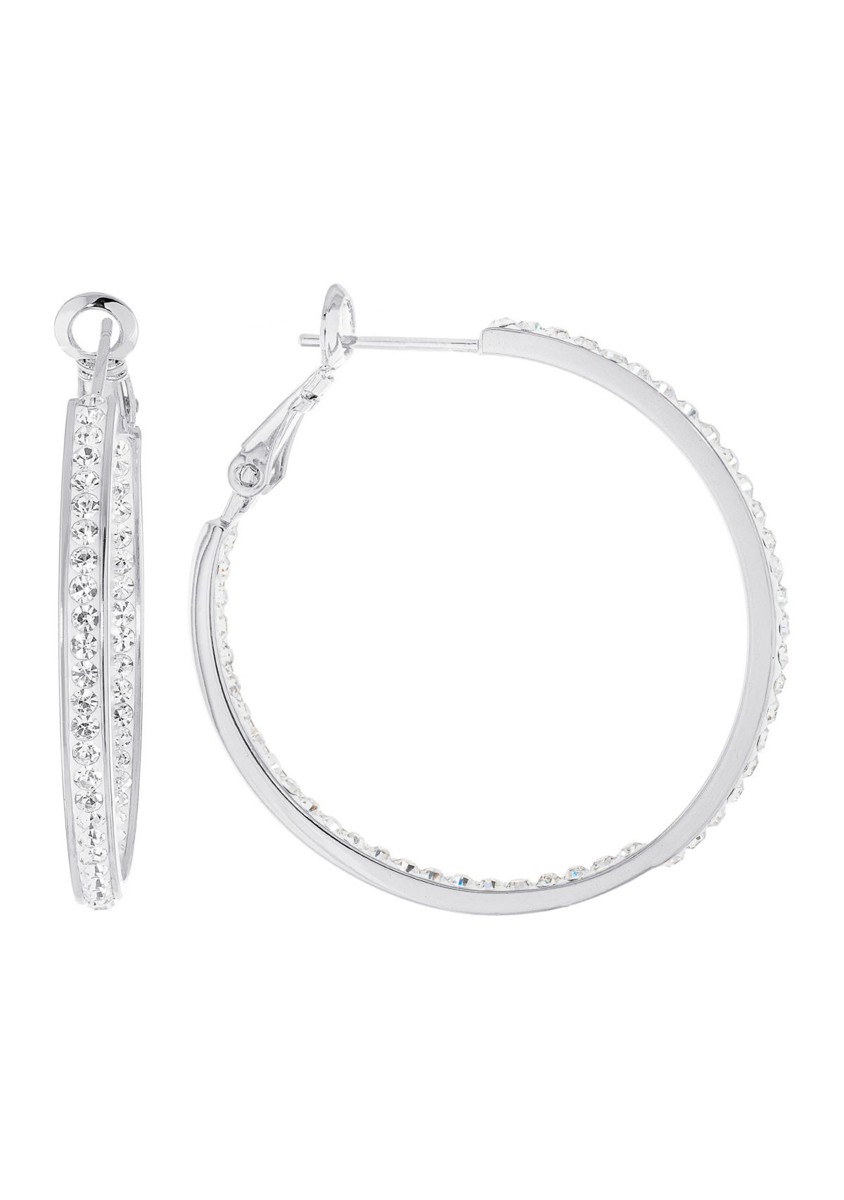 Silver Plated 1.3" Crystal Clutchless Hoop Earrings in Silver or Gold