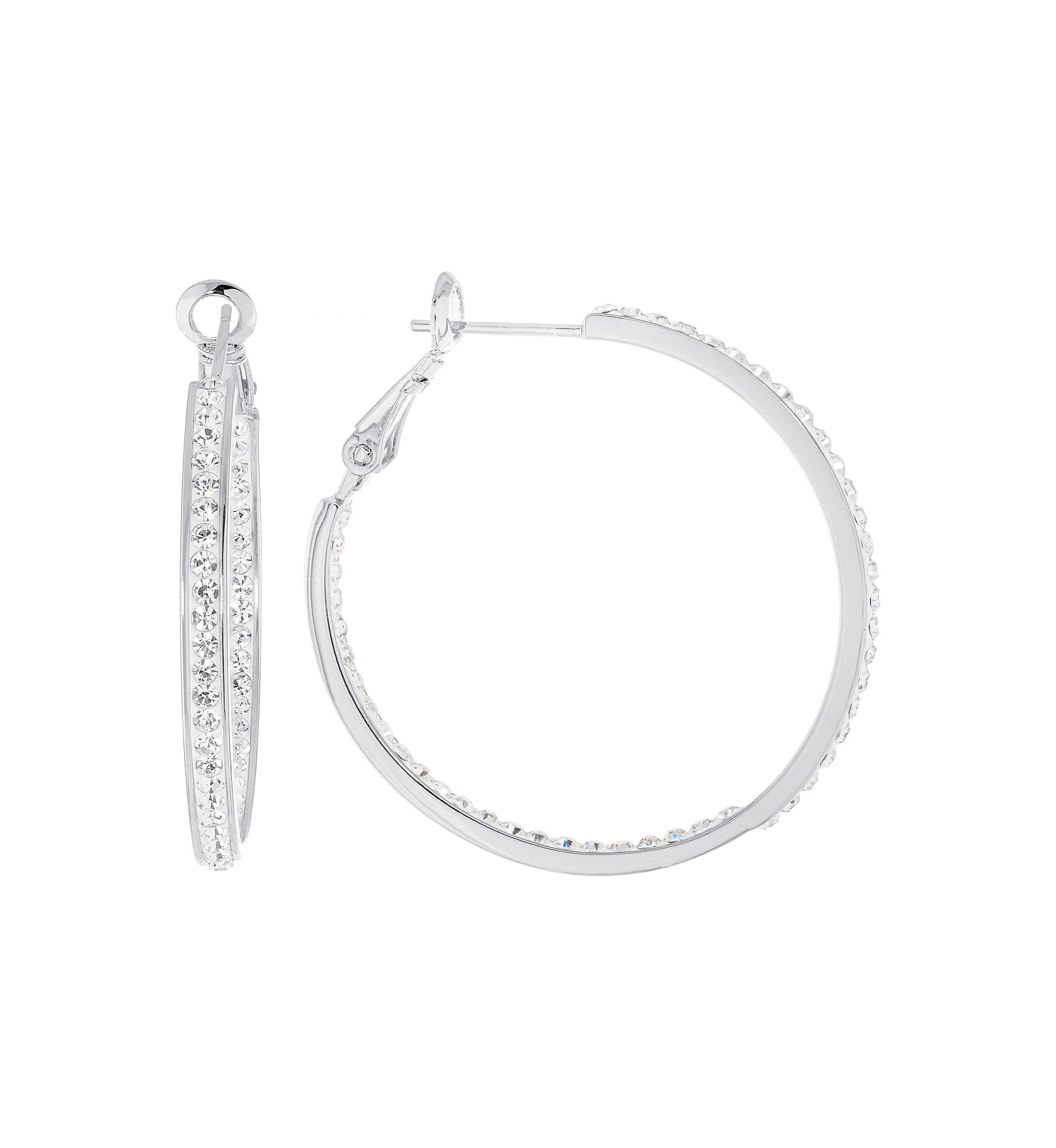 Silver Plated 1.3" Crystal Clutchless Hoop Earrings in Silver or Gold