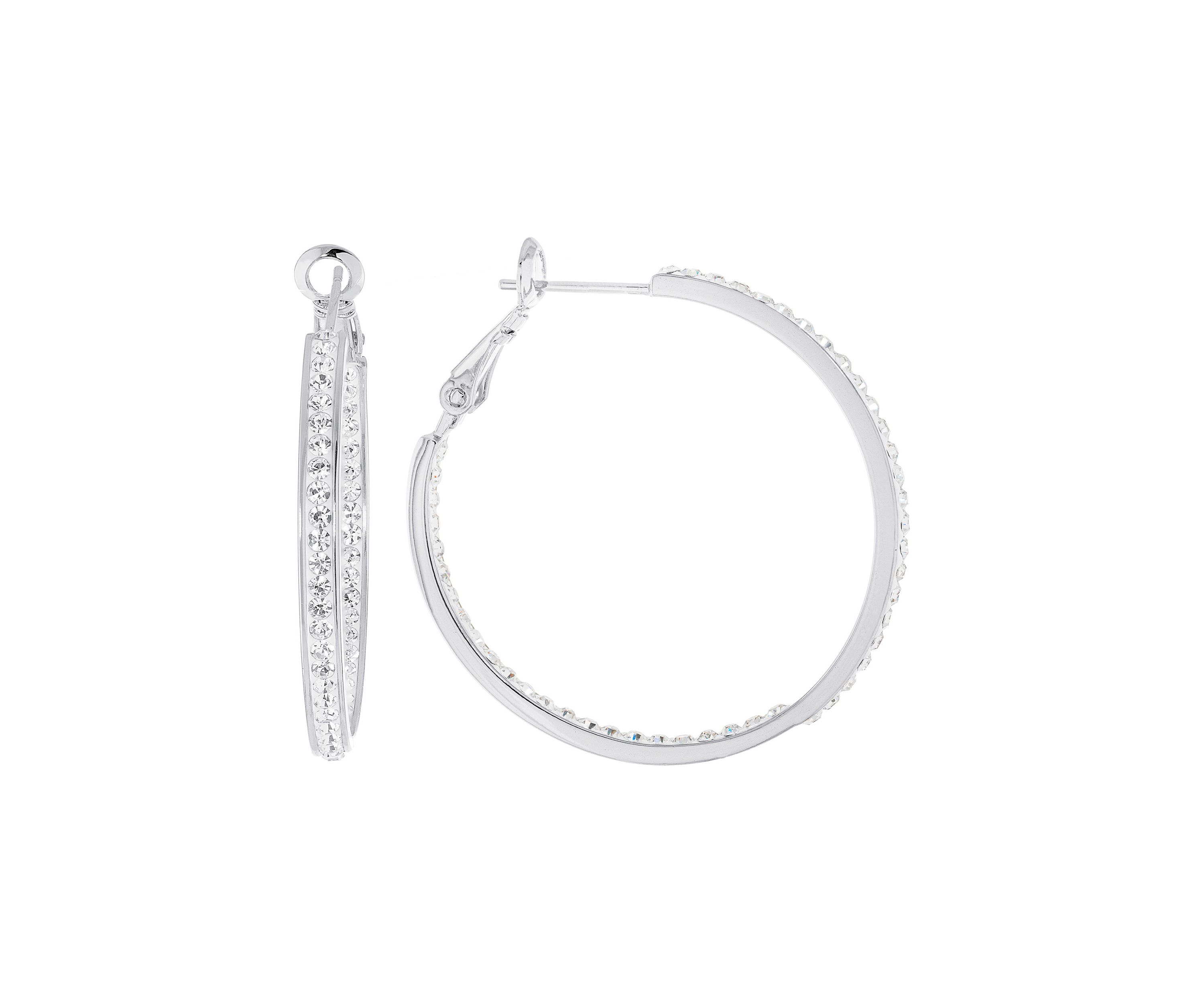 Silver Plated 1.3" Crystal Clutchless Hoop Earrings in Silver or Gold