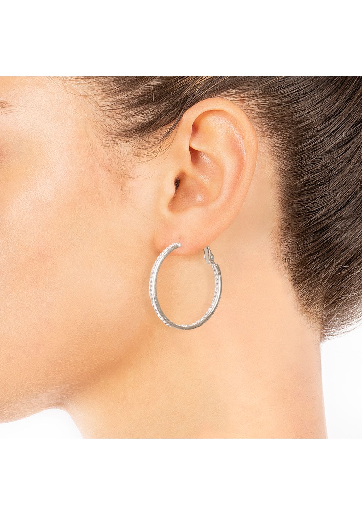 Silver Plated 1.3" Crystal Clutchless Hoop Earrings in Silver or Gold