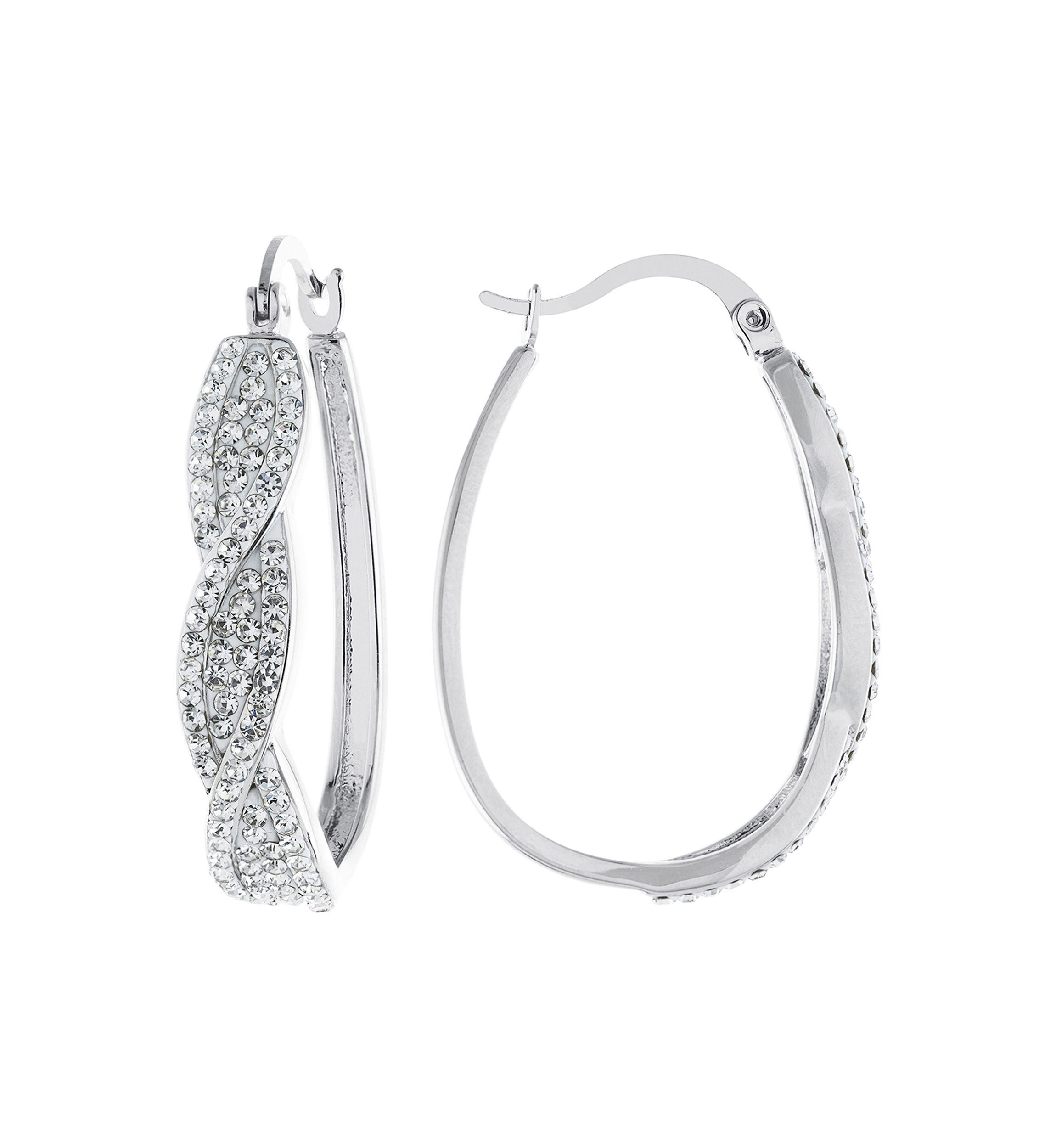 Silver Plated 1.3" Clear Crystal Pavé Twist Hoop Earrings
