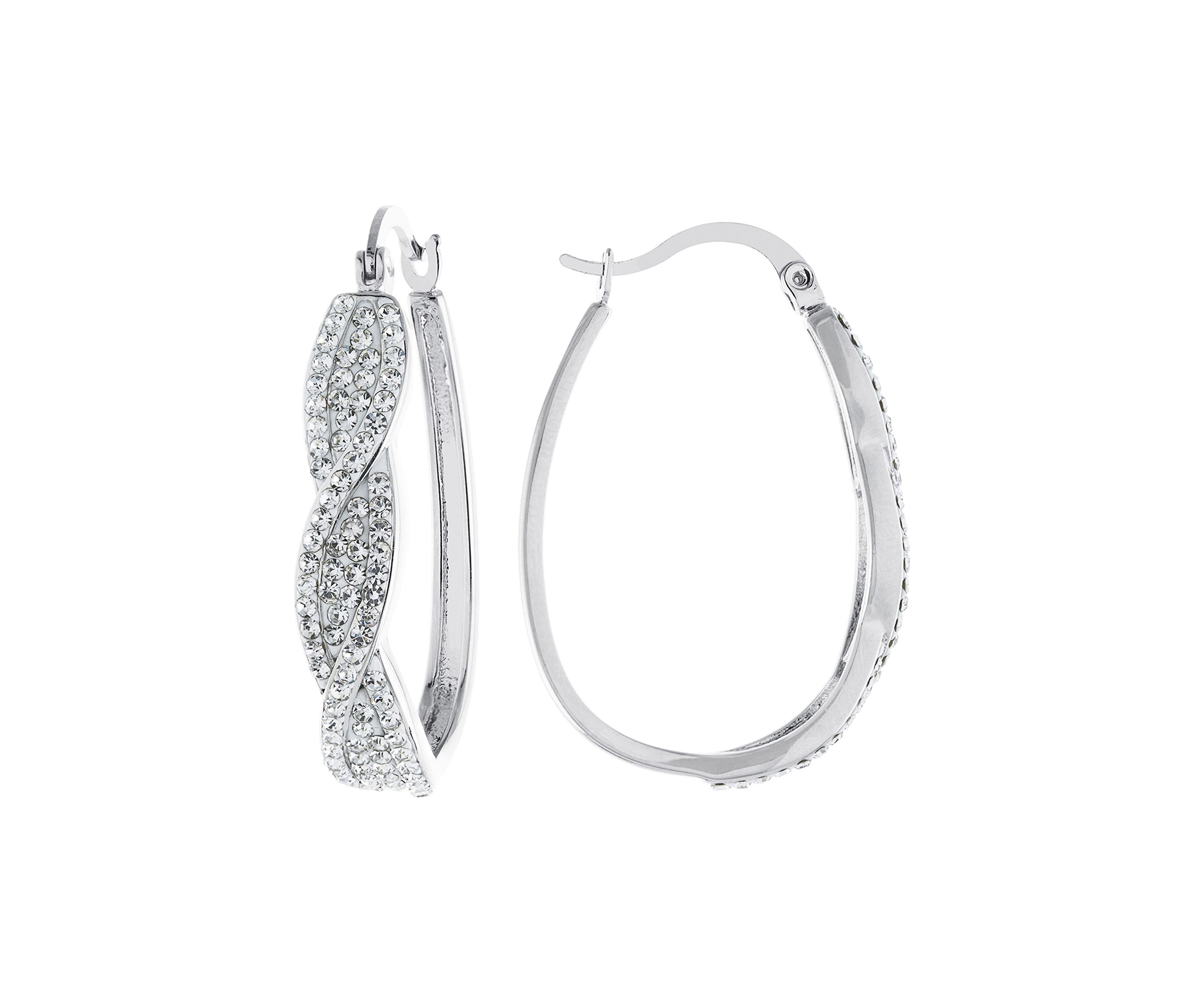 Silver Plated 1.3" Clear Crystal Pavé Twist Hoop Earrings