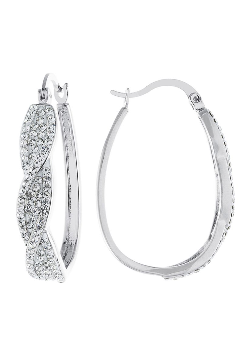 Silver Plated 1.3" Clear Crystal Pavé Twist Hoop Earrings