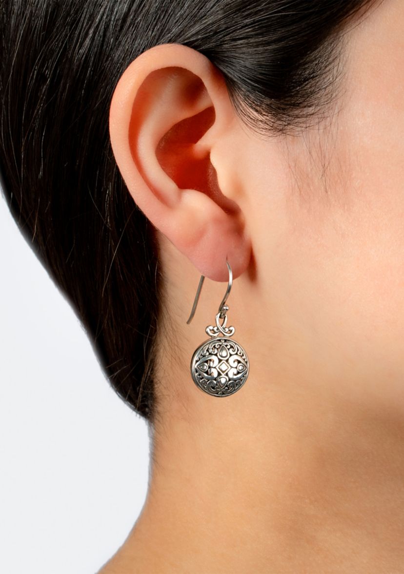 Sterling Silver 1.3" Bali Round Filigree Drop Earrings