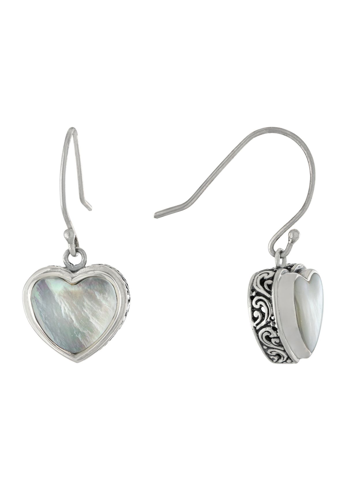 Sterling Silver Oxidized Mother of Pearl Filigree Heart Drop Earrings