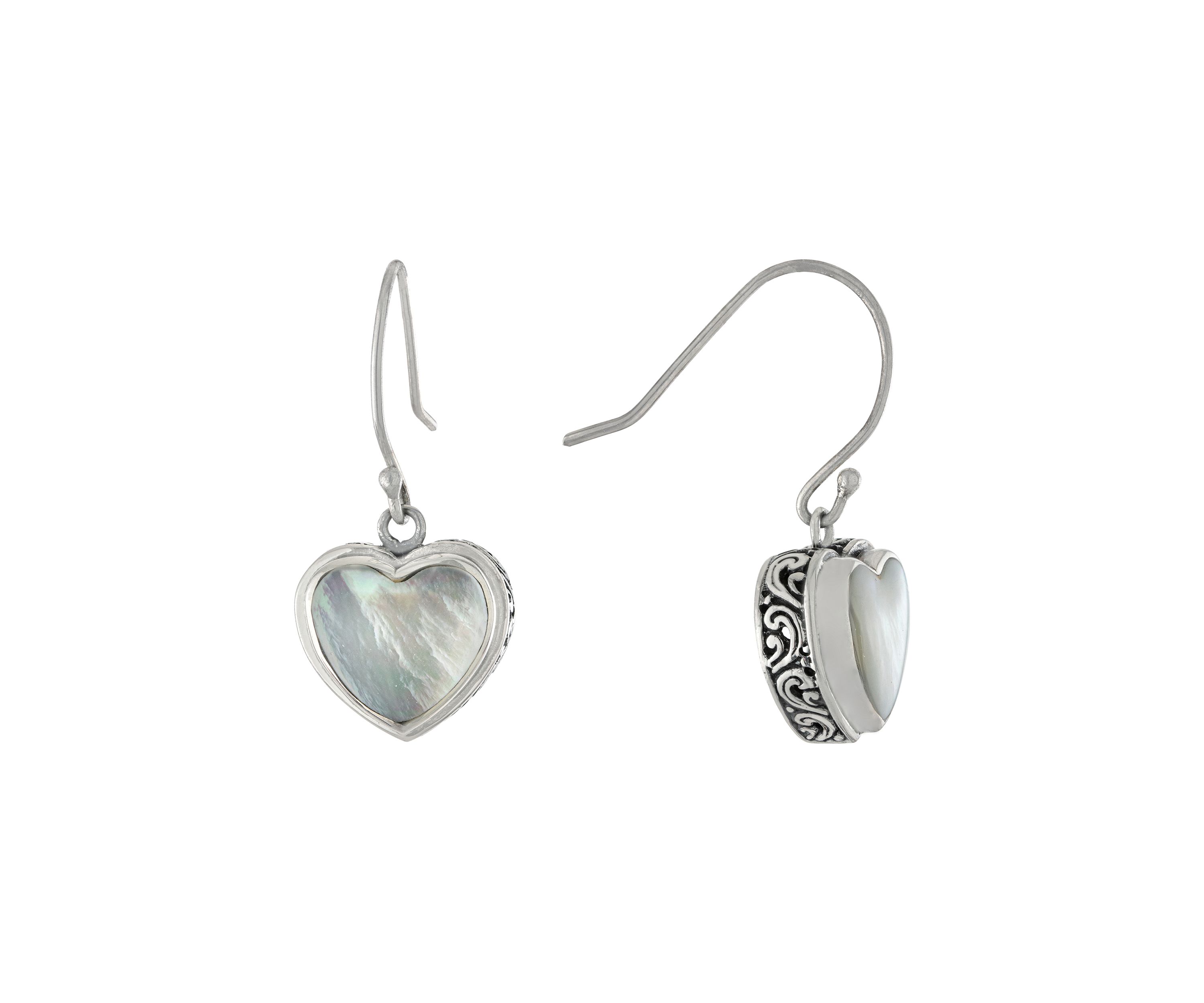 Sterling Silver Oxidized Mother of Pearl Filigree Heart Drop Earrings