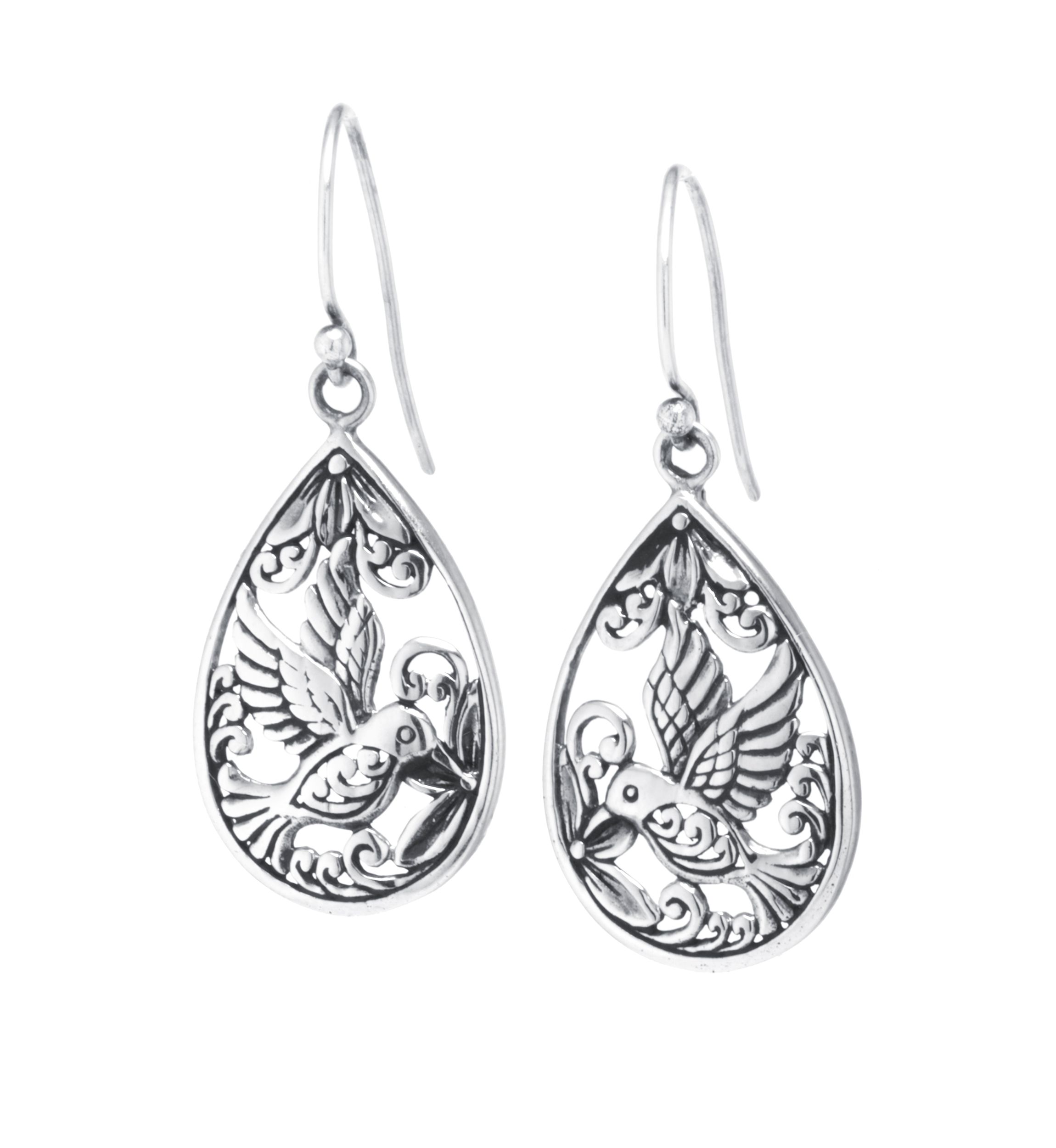 Sterling Silver Oxidized Hummingbird Teardrop Earrings